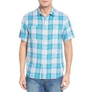 Tommy Bahama Caldera Teal Plaid Men's Linen Shirt Large